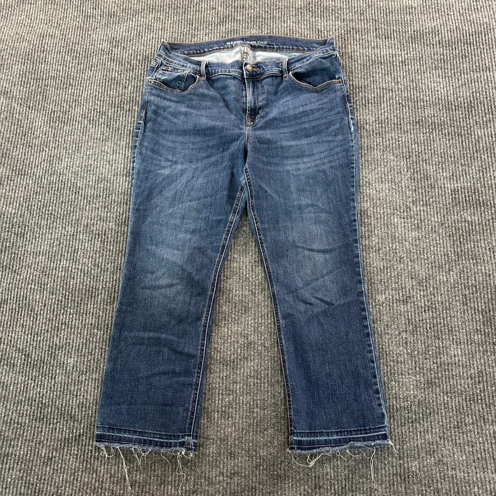 Old Navy Womens Size 14 Mid Rise Flare Jeans Medium Wash Frayed Raw Hem Stretch